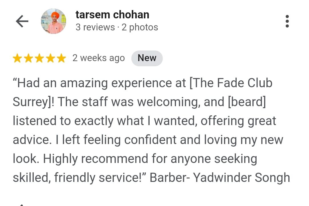 Client review for fade haircuts and grooming services in Surrey.
